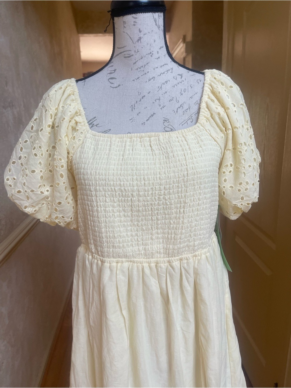 Indigo Rose Pale Yellow Eyelet Smocked Maxi Dress Petite Large Cottagecore Boho - Picture 3 of 11